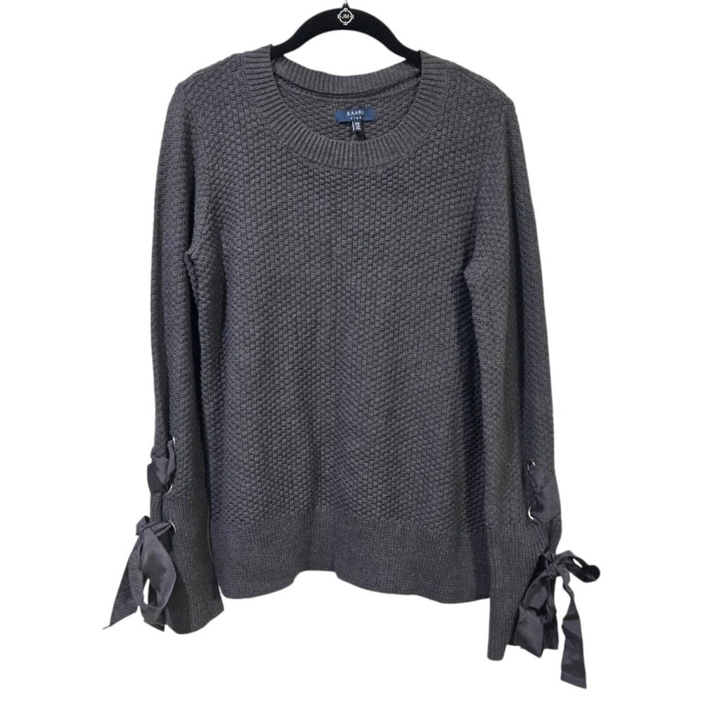 Kaari Blue Sweater Womens XS NEW Pullover Waffle Knit Lace Up Ribbon Sleeve Gray